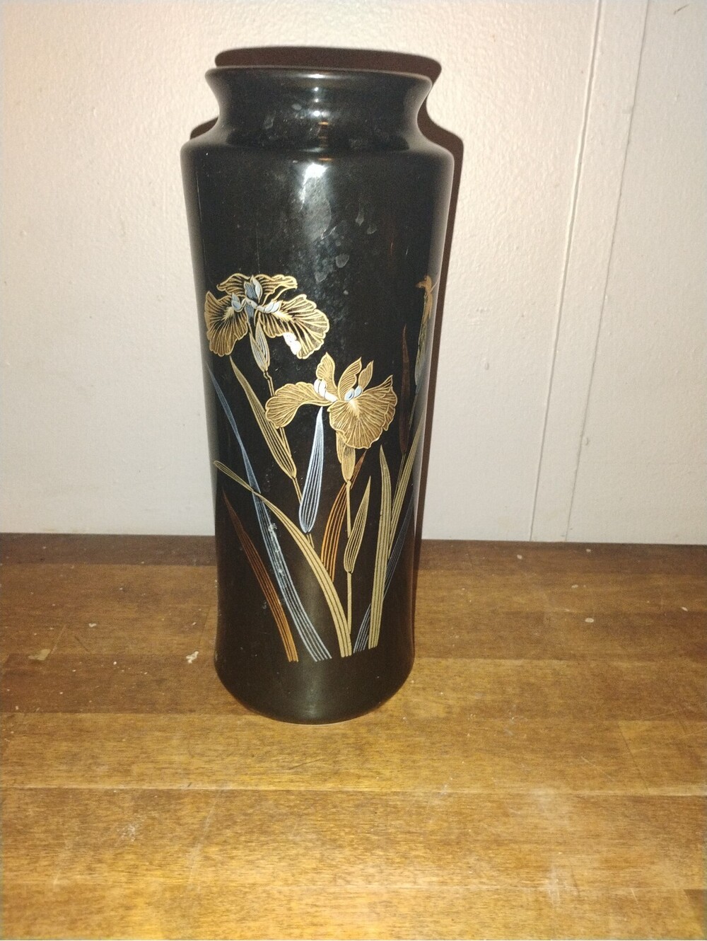 Vintage Black Floral Decorative Table Vase with Gold and Blue Iris Design